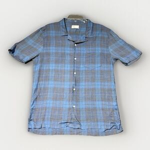 BLDWN Mens L Cabus Short Sleeve Shirt Teal Plaid Camp Collar Lightweight Soft